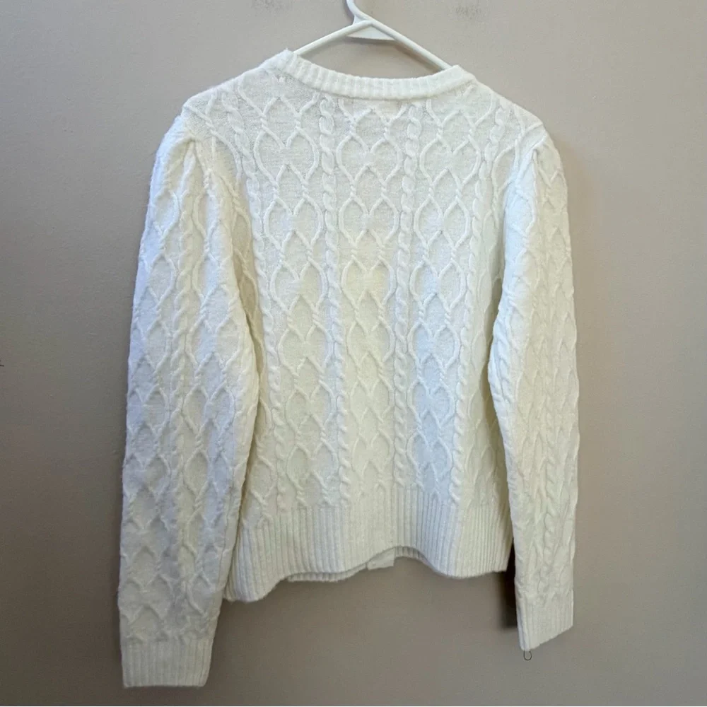 Marled Cable Knit Off White Cardigan Sweater with Pearl Details, Sz S